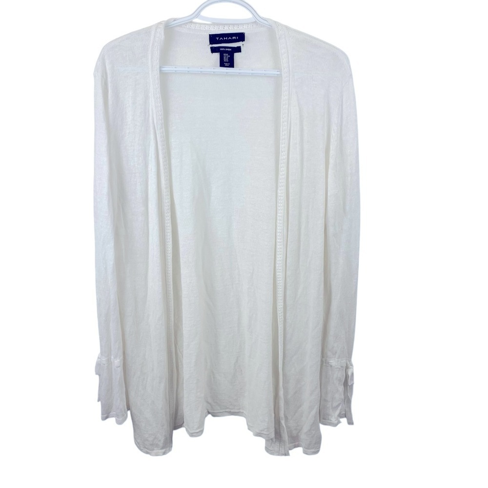 Tahari sz M White 100% Linen Long Open Cardigan Bell Sleeves Boho Lagenlook